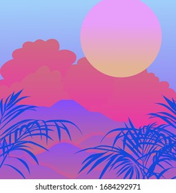 Ambient oriental landscape with sunset above the mountains or hills and tropical palm leaves on foreground in neon vibrant colors. Retrowave cartoon or anime style.