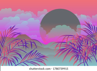 Ambient oriental landscape with sunset above the mountains or hills and tropical palm leaves on foreground in neon vibrant colors. Retrowave cartoon or anime style.