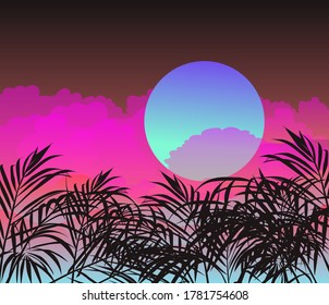 Ambient oriental landscape with sunset above the mountains or hills and tropical palm leaves on foreground in neon vibrant colors. Retrowave cartoon or anime style.