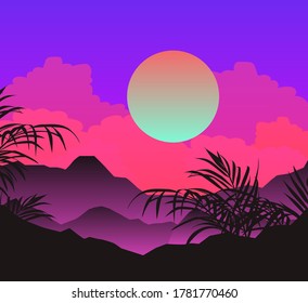 Ambient oriental landscape with sunset above the mountains or hills and tropical palm leaves on foreground in neon vibrant colors. Retrowave cartoon or anime style.