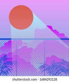 Ambient view on evening cloudy sky behind the fence, palm leaves in the foreground. Nature scene in cartoon or anime style.