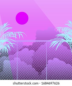 Vista ambiental en el cielo nublado de la noche detrás de la valla, hojas de palmera en primer plano. Escena natural en dibujos animados.