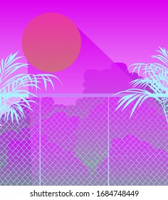 Ambient view on evening cloudy sky behind the fence, palm leaves in the foreground. Nature scene in cartoon or anime style.