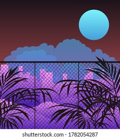 Ambient view on evening cloudy sky behind the fence, palm leaves in the foreground. Nature scene in retro synthwave cartoon anime style.