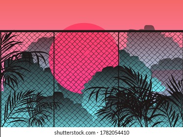 Ambient view on evening cloudy sky behind the fence, palm leaves in the foreground. Nature scene in retro synthwave cartoon anime style.