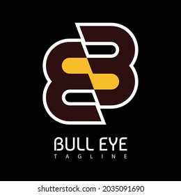 Ambigram logo. The flat color logo of letter E or and B in a rotational ambigram form with ‘Bull Eye’ logo text below and tagline lower. EPS8 vector.