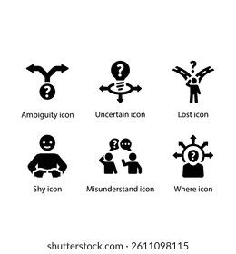 Ambiguity, Uncertain, Lost, Shy, Misunderstand, Where, Black Icon Set