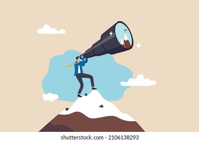 Ambition to aim high and achieve business goal, motivation to success, challenge and determination for victory concept, ambitious businessman look through telescope for mountain peak target.