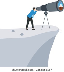Ambition to aim high and achieve business goals, Motivation to success, Challenge and determination for victory, Look through telescope for mountain peak target

