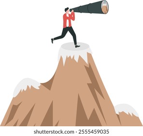 Ambition to aim high and achieve business goal, motivation to success, challenge and determination for victory concept, ambitious businessman look through telescope for mountain peak target.
