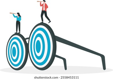 Ambition to aim high and achieve business goal, motivation to success, challenge and determination for victory concept, ambitious businessman look through telescope for target.
