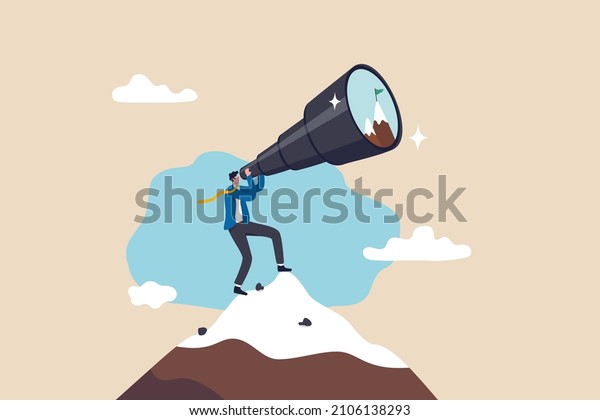 Ambition to aim high and achieve business goal,\
motivation to success, challenge and determination for victory\
concept, ambitious businessman look through telescope for mountain\
peak target.