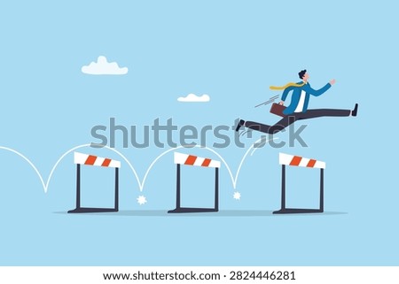 Ambition or aspiration to overcome challenge hurdle, obstacle and difficulty, leadership skill to overcome problem and reach success, barrier or conflict, businessman jump over obstruction hurdles.