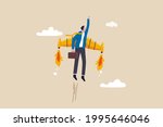 Ambition or aspiration to success in work, career growth or boost business development, entrepreneur launch new startup project concept, happy businessman flying high with jetpack rocket booster.