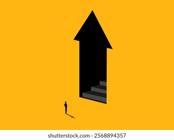 Ambition Business Opportunity. Businessman looks at stairs in the door arrow pointing up