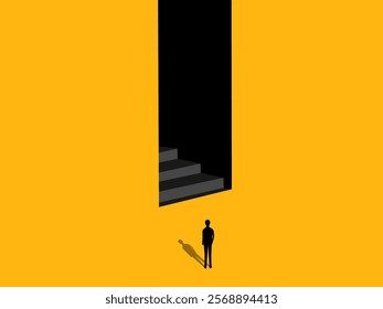 Ambition, business opportunity. man looks at stairs in door