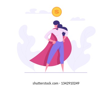 Ambition Business Success Concept with Superhero Woman Character. Motivational Banner with Proud Businesswoman with Dollar Sign Graph for Website, Web Page or Presentation. Flat Vector Illustration