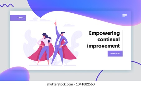 Ambition Business Success Concept with Superheroes Business People Characters. Motivational Banner with Proud Woman and Man Lead Pointing Hand up Graph for Website, Web Page. Flat Vector Illustration