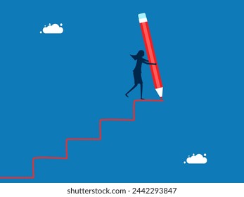 Ambition. Businesswoman uses pencil to draw stairs to climb to success 
