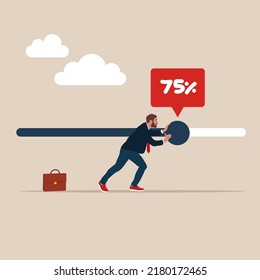 Ambition or career challenge, businessman try hard to push working progress bar to finish in deadline. Working project progress, effort to finish work or achieve business success, accomplishment.