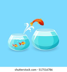 Ambition And Challenge Concept. Goldfish Jumps Into Bigger Empty Aquarium. Desire To Make Life Better. Fish Escaping Into Empty Bowl. New Life, Big Opportunities. Flat Style. Vector Illustration.