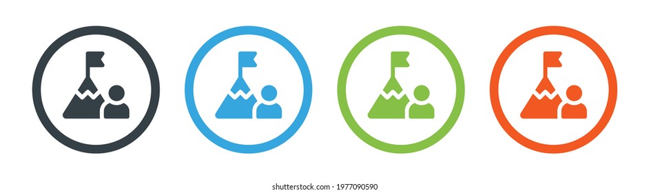 Ambition and challenge concept. Man stand near mountain with flag on top icon. Mission vector illustration