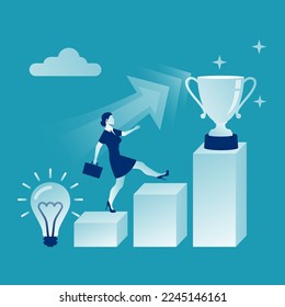 Ambition concept. Abstract metaphor for success. Businesswoman runs up from the idea of the reward. Vector illustration flat design. Isolated on white background.