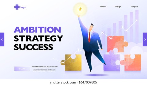 Ambition concept banner. Businessman to reach out for the star. Business vector illustration.