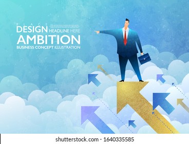 Ambition concept. Businessman standing on the golden arrow sign looking forward to the future success. Business vector illustration.