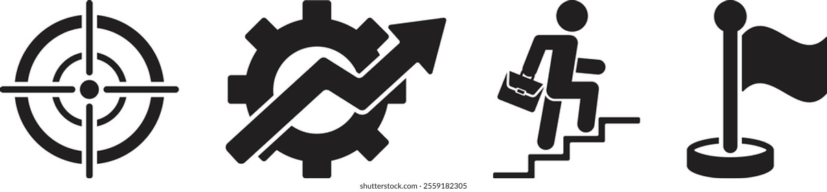 Ambition, development, target and progress vector icon set for achieving success. Vector illustration