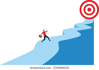 Ambition and focus, man walking on winding path leading to bullseye target, success, progress
