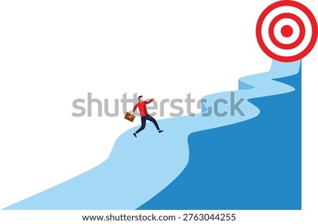 Ambition and focus, man walking on winding path leading to bullseye target, success, progress
