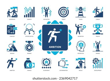 Ambition icon set. Target, Leadership, Vision, Motivation, Opportunities, Determination, Development, Result. Duotone color solid icons