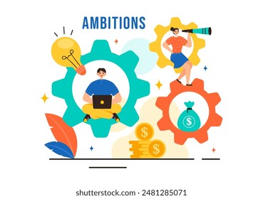 Ambition Illustration with Entrepreneur Climbing the Ladder to Success and Career Development on a Flat Cartoon Business Plan Background