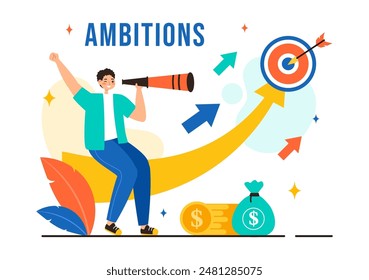 Ambition Illustration with Entrepreneur Climbing the Ladder to Success and Career Development on a Flat Cartoon Business Plan Background