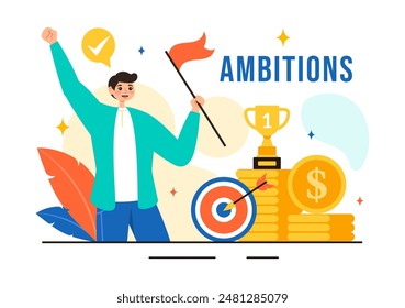 Ambition Illustration with Entrepreneur Climbing the Ladder to Success and Career Development on a Flat Cartoon Business Plan Background