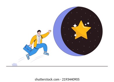 Ambition, motivation to achieve goal, improvement skill to help life better, initiative begin journey, career development concepts. Businessman leader jump to space hole and get precious golden star.