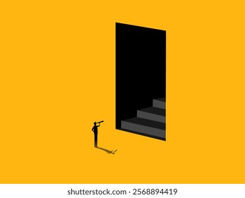 Ambition, new career opportunity. Businessman looks at stairs in door