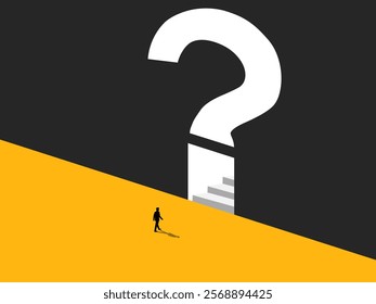 Ambition and overcoming problems. Businessman on the stairs in question mark on the wall