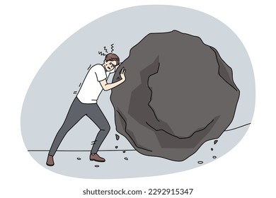 Ambition strong businessman push huge stone reach achieve business goals. Man employee pushing heavy rock or boulder. Obstacles and challenge at work. Flat vector illustration.