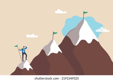 Ambition To Success And Achieve Target, Career Growth Or Business Goals, Challenge To Win, Achievement Or Victory Concept, Motivated Businessman Reach Mountain Peak Aiming To Achieve Higher Targets.