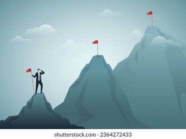 Ambition to success and achieve target, career growth or business goals, challenge to win, achievement or victory concept, motivated businessman reach mountain peak aiming to achieve higher targets.