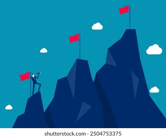 Ambition to success and achieve target, career growth or business goals, challenge to win, achievement or victory , motivated businessman reach mountain peak aiming to achieve higher targets.

