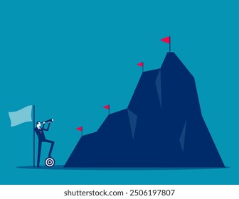 Ambition to success and achieve target, career growth or business goals, challenge to win, achievement. Motivated businessman reach mountain peak aiming to achieve higher targets.

