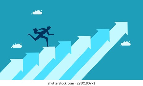 Ambition for success. Businessman running up the growth arrow ladder