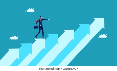 Ambition for success. Businessman walking up the growth arrow ladder