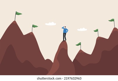 Ambition towards success and achieving great goals. Career growth or business goals. A challenge that must be braved to face. Businessman reaches the top of the mountain with a flag goal.