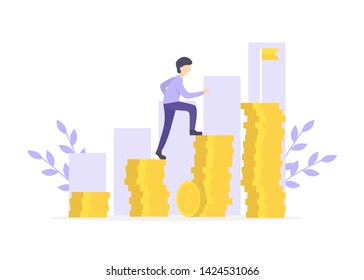 Ambition vector concept with businessman climbing on graph columns. Success, achievment, motivation business symbol. Flat vector illustration.