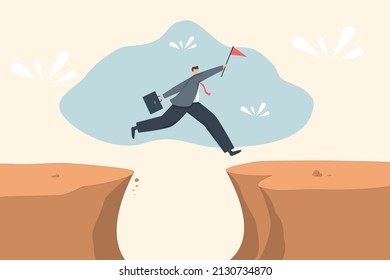 Ambition vector concept with businessman jump on over the cliff. Success, achievment, motivation business symbol. Concept growth and the path to success, Flat cartoon design vector illustration
