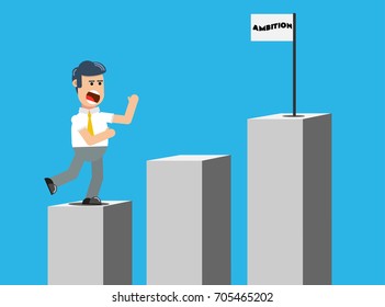Ambition vector concept with businessman jump on graph columns.  achievment concept